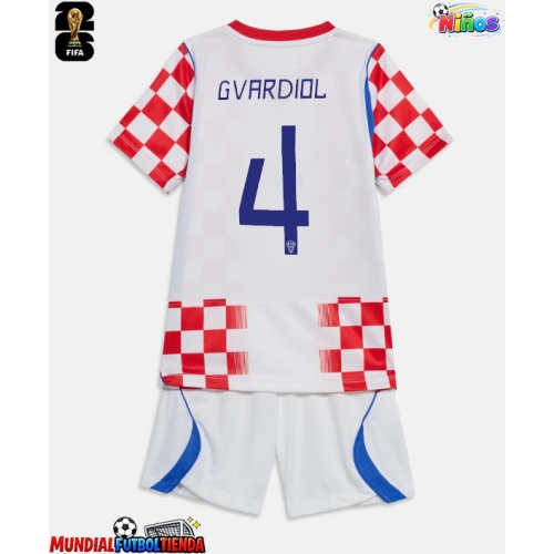 Camiseta Croacia Josko Gvardiol #4 Primera Equipación Replica Mundial 2026 para niños mangas cortas (+ Pantalones cortos)